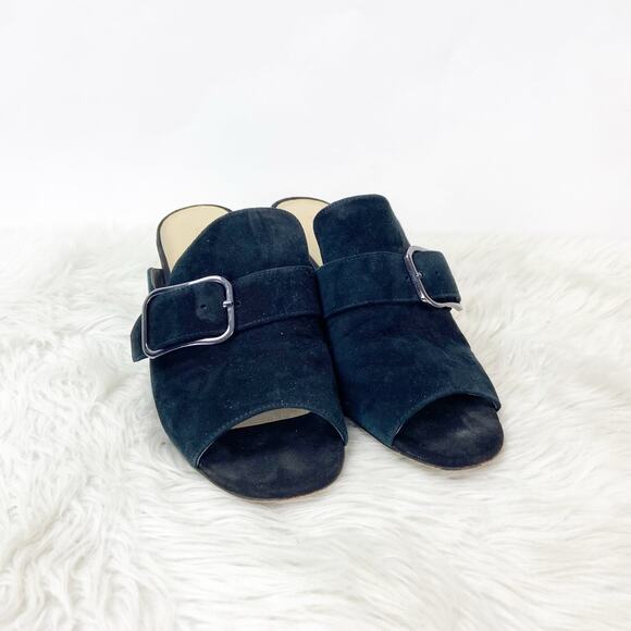 Marc Fisher 9 M Womens Black Suede Rima Buckle Slide Mule Mirror Heels Sandals - Picture 1 of 13